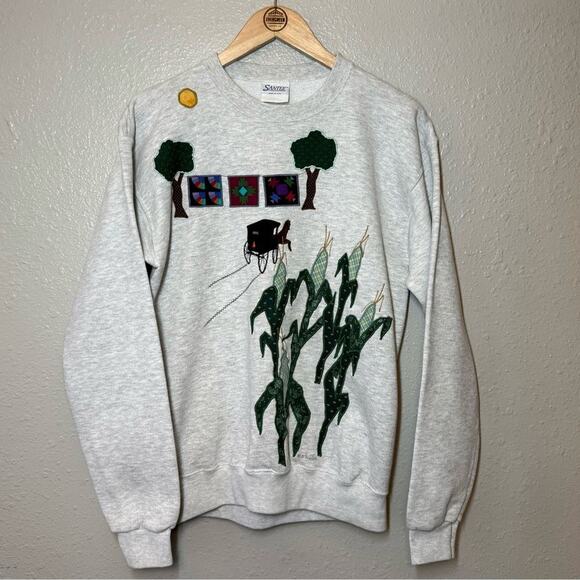VTG Pastoral Amish Corn Quilt Santee Handmade Embroidered Sweatshirt Sz Unisex S - Picture 2 of 12